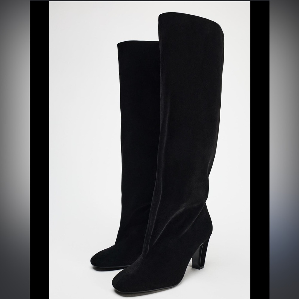 Zara Nwt Velvet Look Heeled Boots Black 1026/410/800